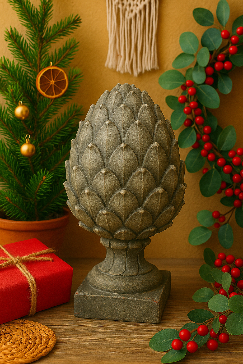Dekorative Zapfenfigur auf Sockel