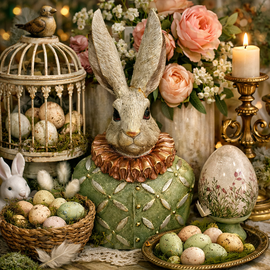 Eleganter Osterhase aus Polyresin – Exklusive Vintage-Osterdekoration 40 cm