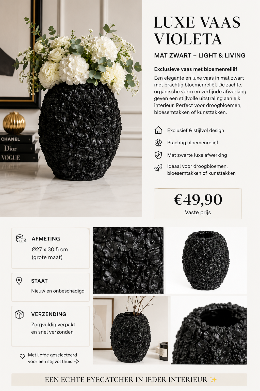 🖤 Luxusvase „Violeta” – Light & Living
Mattschwarz mit wunderschönem Blumenrelief 🌸