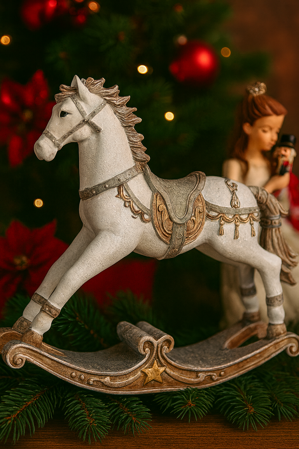 Schaukelpferd in Weiß-Grau mit Glitzer