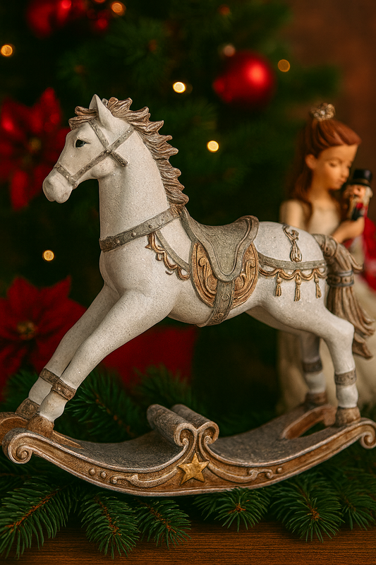 Schaukelpferd in Weiß-Grau mit Glitzer